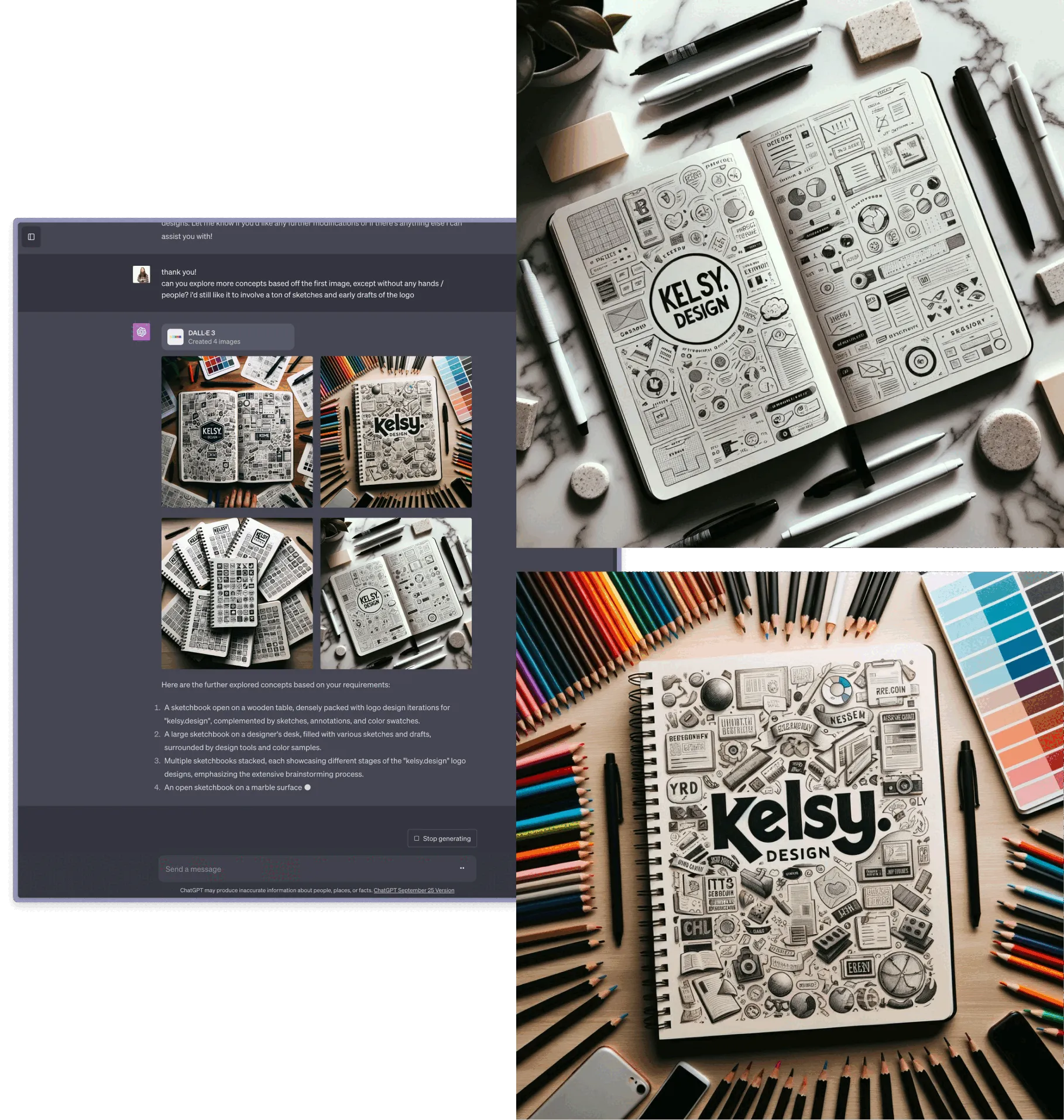 Graphic design project display featuring a sketchbook with monochrome doodles and drawings of various icons and elements related to design work, made by Dall•e.