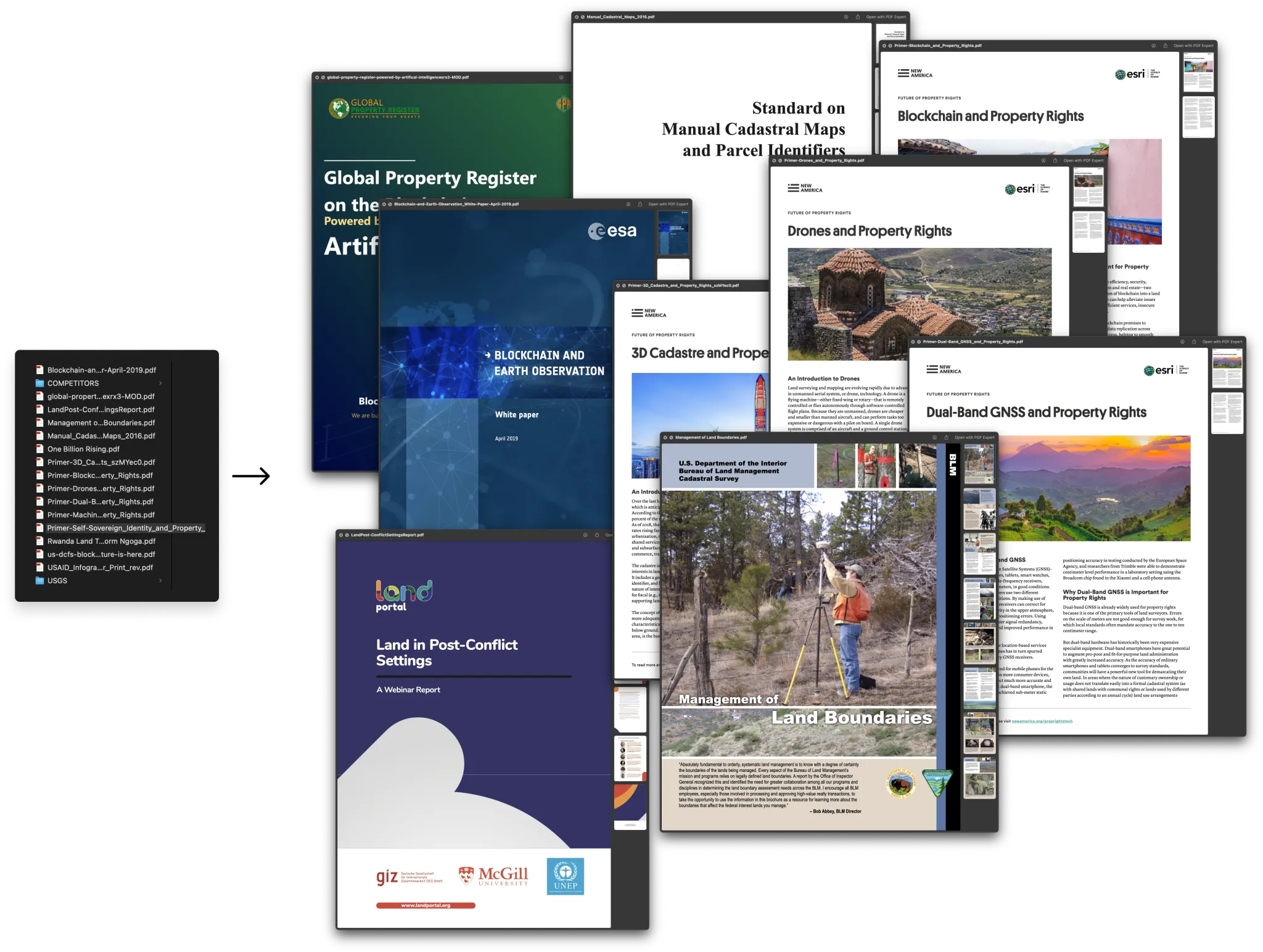 Digital workspace with multiple research documents and reports on topics such as blockchain, cadastral maps, and property rights, arranged next to a website interface.