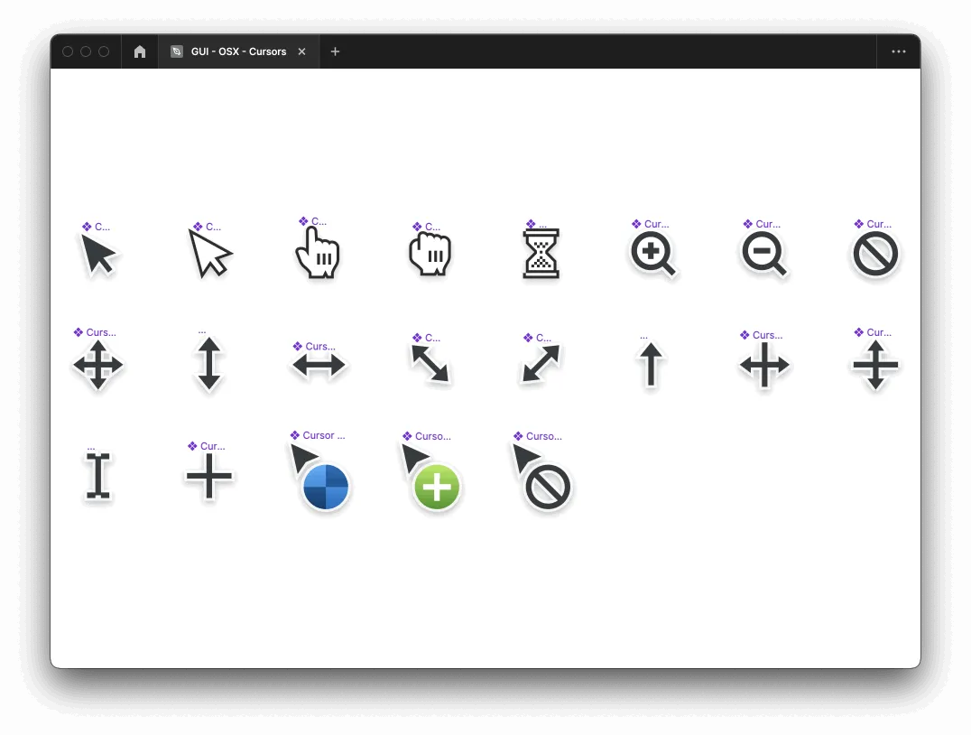 A collection of macOS graphical user interface cursors displayed in a grid, showcasing different actions such as pointing, clicking, dragging, and loading.