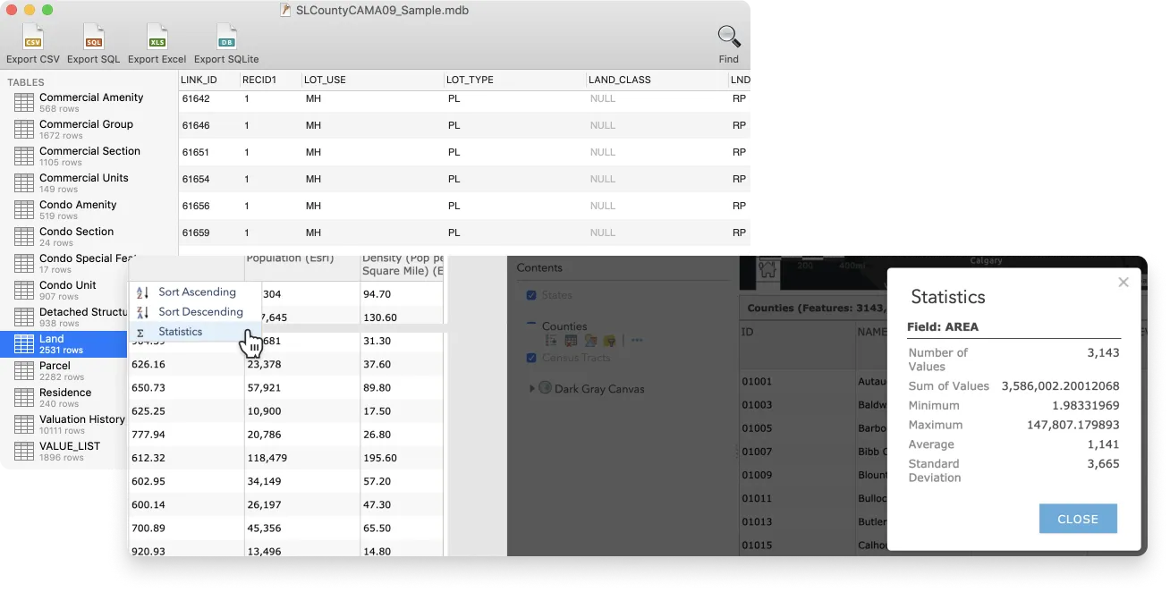 A close-up of a GIS (Geographic Information System) interface showing a statistical analysis dialog box overlaid on a map with blurred data in the background.