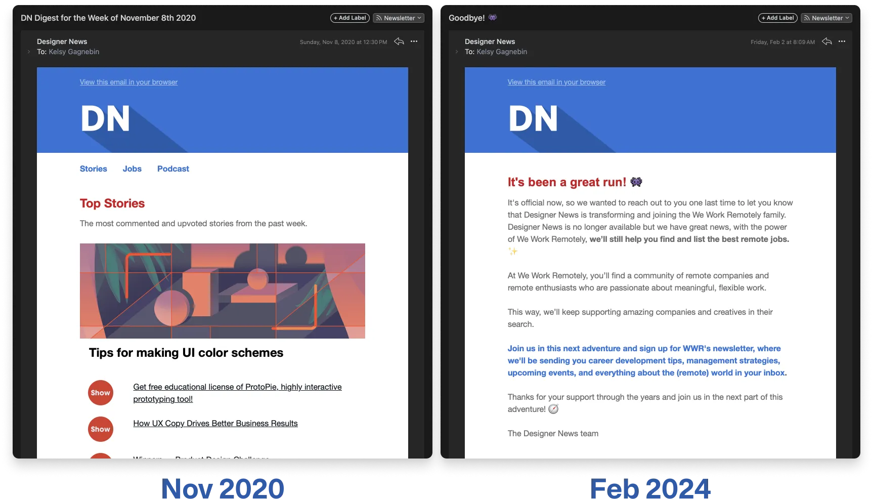 Two email newsletter interfaces side by side, contrasting a past issue from November 2020 with a farewell issue from February 2024. The 2020 newsletter showcases top stories and UI color scheme tips, while the 2024 newsletter announces Designer News joining 'We Work Remotely' and includes links to a newsletter for career development tips and remote work events.