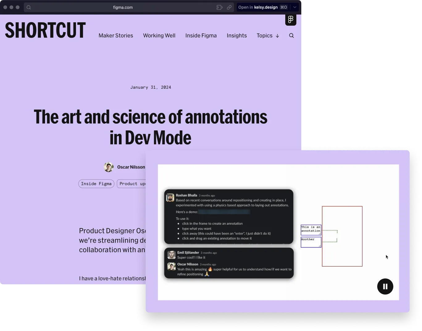 A screenshot of a webpage titled 'SHORTCUT' with an article about annotations in Dev Mode, featuring comments and a demonstration of annotation on a digital design frame