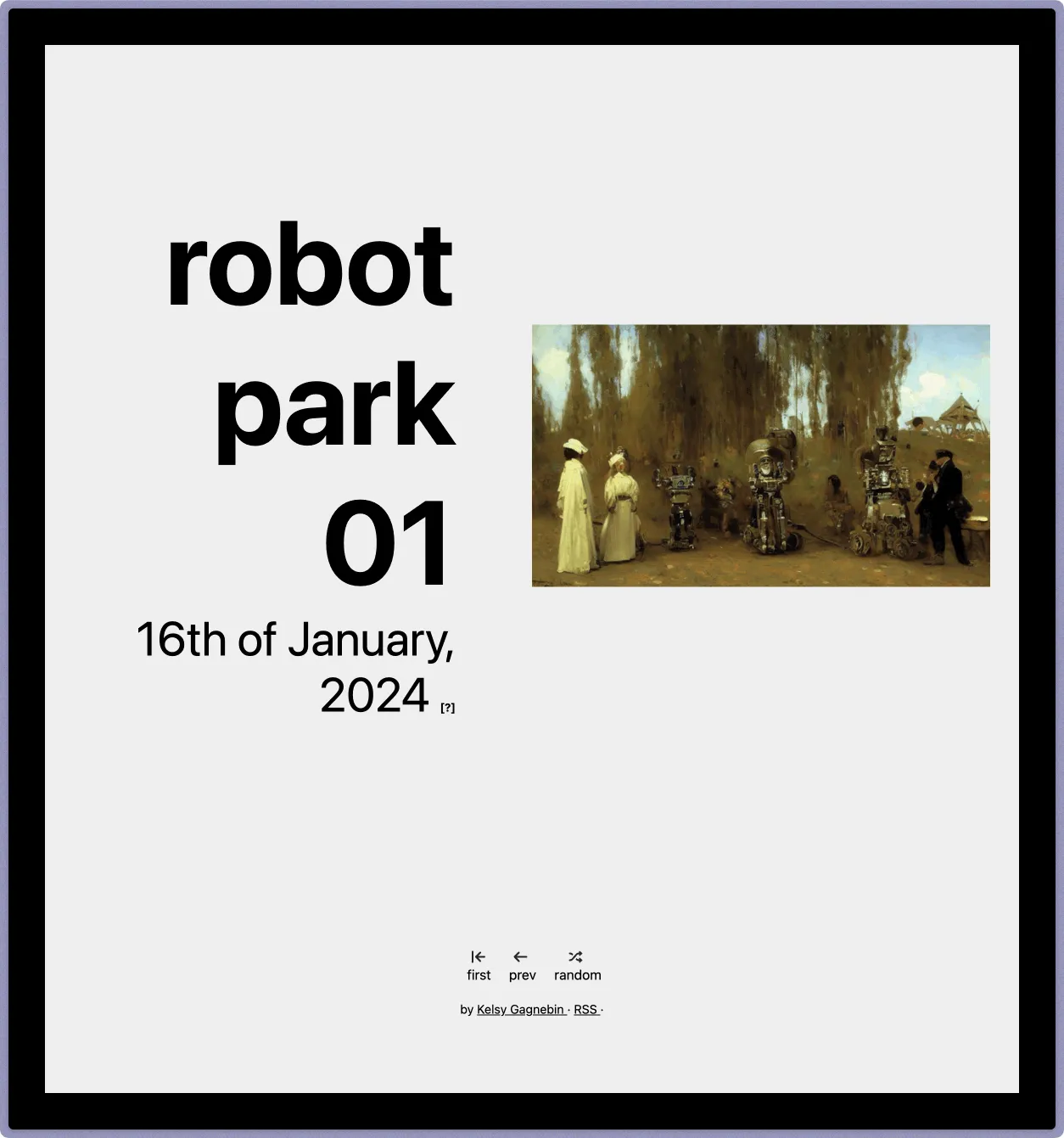 A digital comic titled 'robot park 01' with an illustration resembling a classical painting, featuring robots among human figures, dated 16th of January, 2024