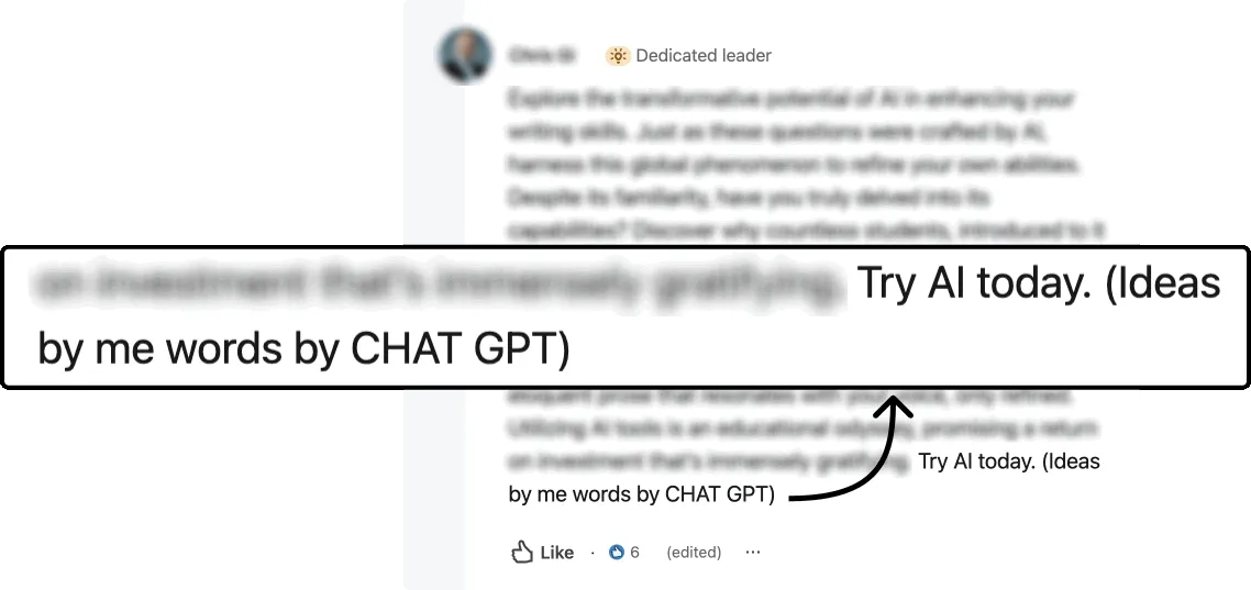 A close-up of a social media post with a blurred background, highlighting a call-to-action that reads 'Try AI today. (Ideas by me words by CHAT GPT)', indicating a collaboration between the user and an AI for content creation.
