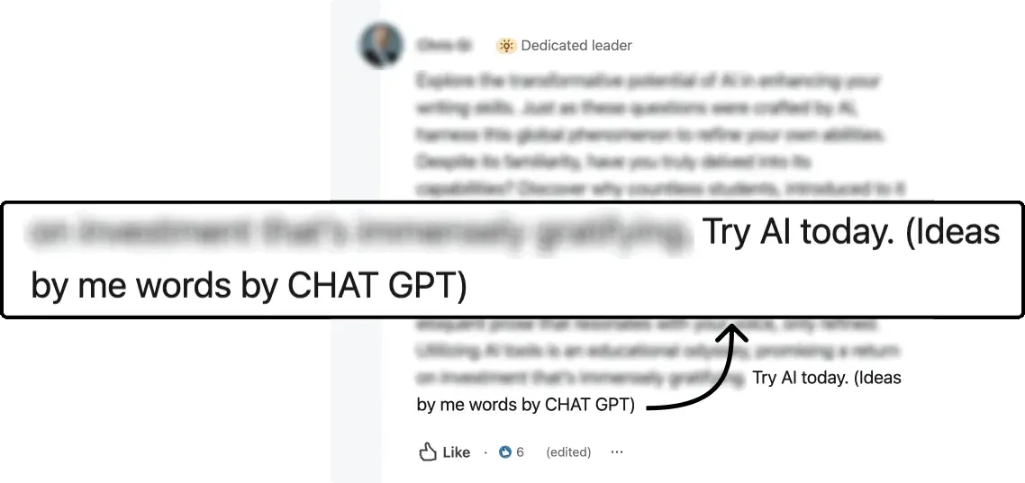 A close-up of a social media post with a blurred background, highlighting a call-to-action that reads 'Try AI today. (Ideas by me words by CHAT GPT)', indicating a collaboration between the user and an AI for content creation.
