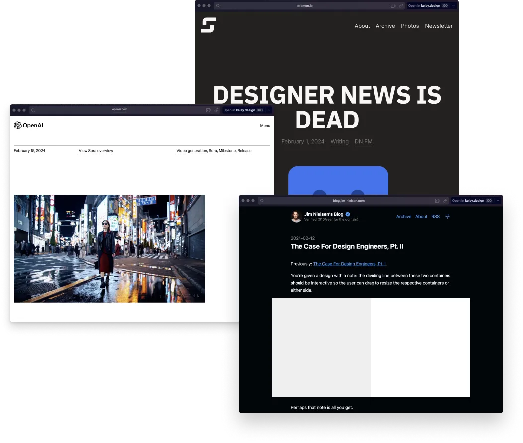 Composite image showing three browser windows overlaid against a dark background. The top browser displays a blog headline 'DESIGNER NEWS IS DEAD' from a site's February 1, 2024, post. The bottom left browser shows OpenAI's homepage with a headline about a new video generation release dated February 15, 2024. The bottom right browser features an article from Jim Nielsen's Blog titled 'The Case For Design Engineers, Pt. II.'