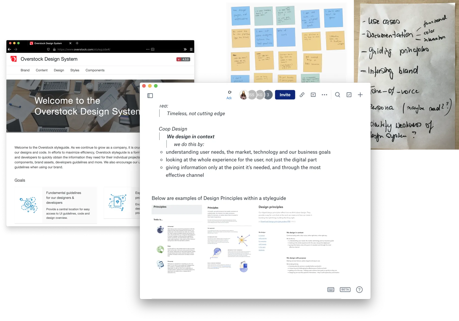 A graphic overview of a user interface design process, showcasing various application modals, button styles, and navigation patterns to improve site consistency.