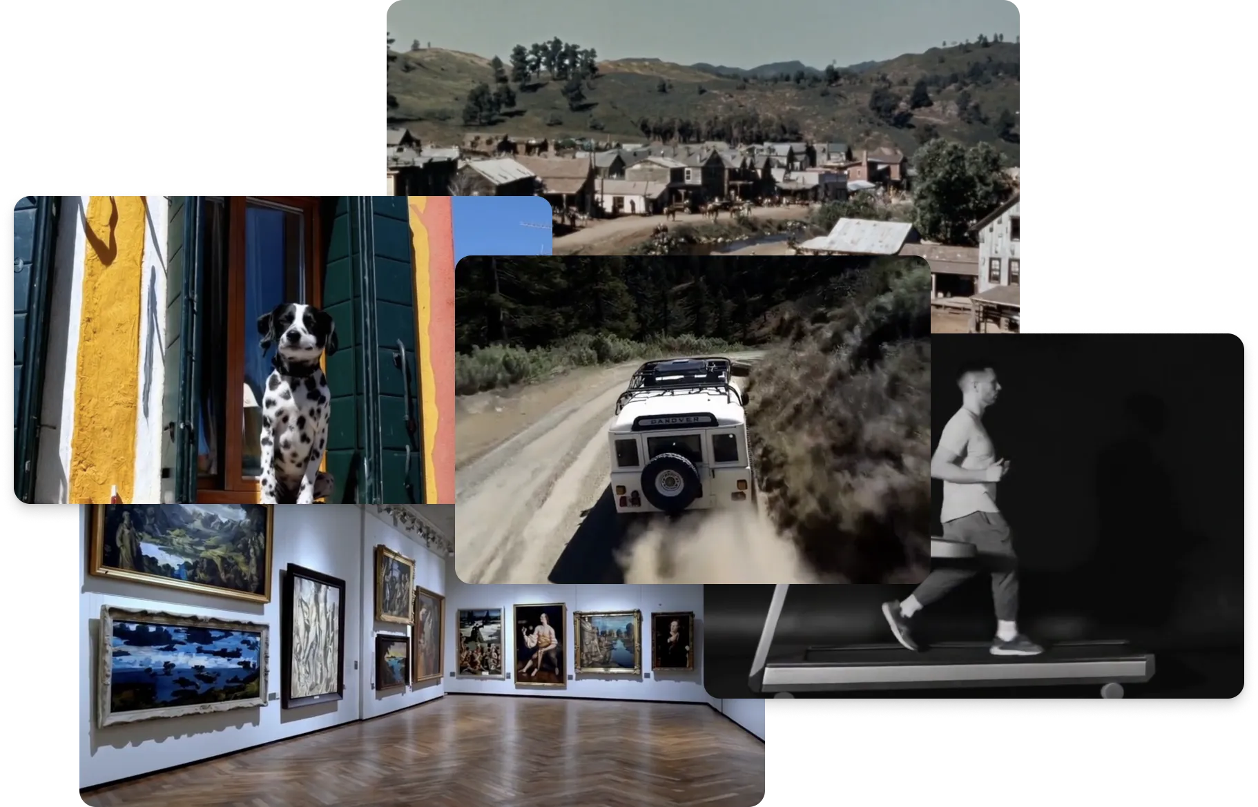 A collage of six images arranged in a staggered layout against a light background. The images depict a variety of scenes including a dog looking out of a window, a vintage photo of a hilly village, colorful building facades, a Land Rover on a dusty road, a person running on a treadmill in monochrome, and a gallery interior with framed paintings.