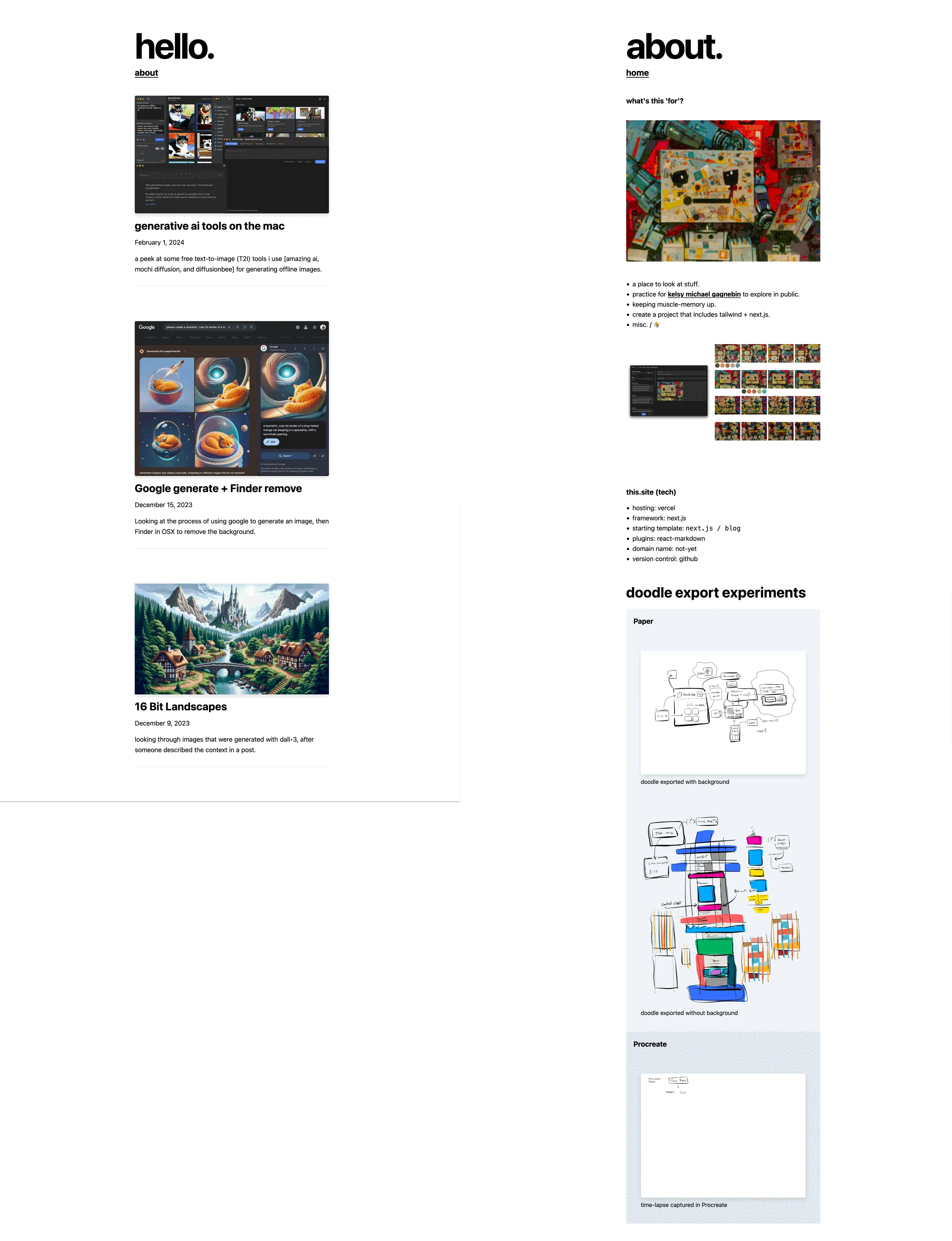 A webpage layout with two columns, one titled 'hello.' with a list of articles about generative AI tools, and another titled 'about.' showcasing images of different artworks and creative projects