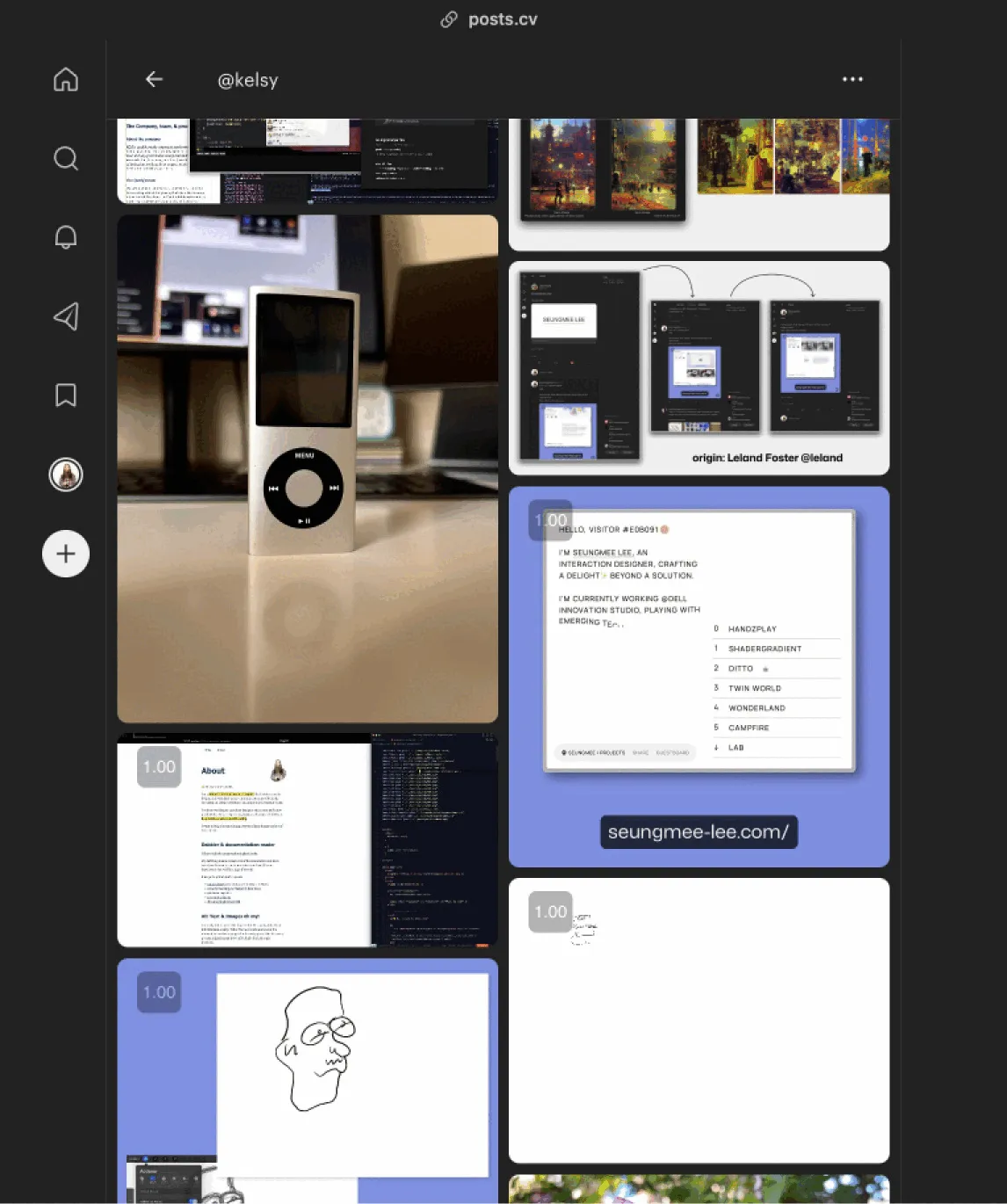 Screenshot of a creative professional's social media profile on posts.cv, featuring a collection of posts. The top post displays a classic iPod device on a wooden surface. Below are images showcasing user interface designs and digital sketches. One post includes a side-by-side comparison of website code and a rendered webpage. Another post features a simple line drawing of a face. The overall theme suggests a portfolio of design and development work.